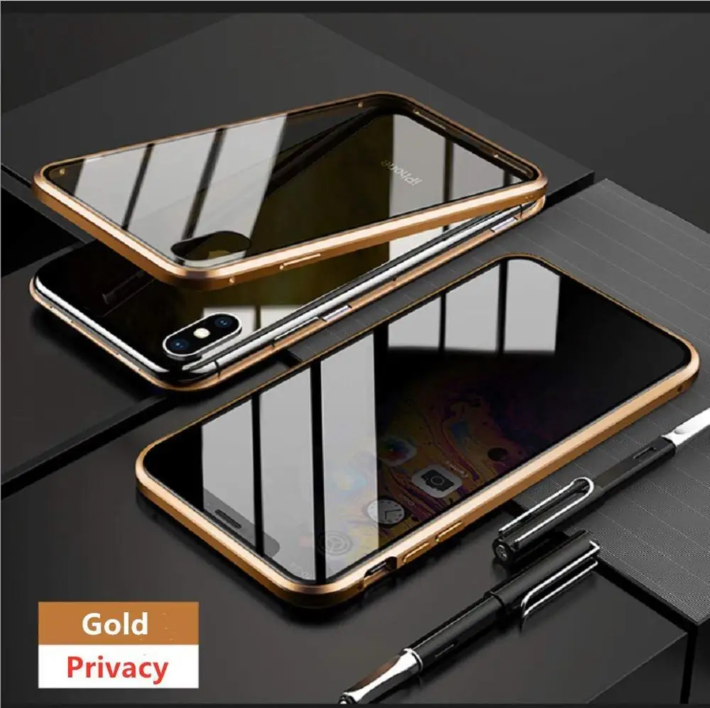 Защитный Магнитный чехол из закаленного стекла для iPhone 11 Pro Max XS MAX XR X 8 7 6s 6 Plus, магнитный металлический бампер, защита от подзорья - Цвет: Gold