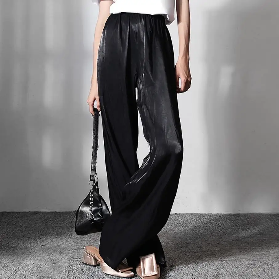 Женские свободные брюки с высокой эластичной талией, повседневные длинные брюки Cupro на шнуровке с широкими штанинами, лето 2022