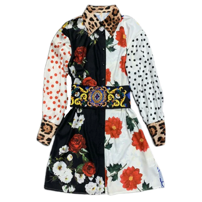 

AELESEEN Runway Fashion Shirt Dress Spring Summer Designer Flower Leopard Porcelain Print Diamonds Beading Belt Loose Mini Dre