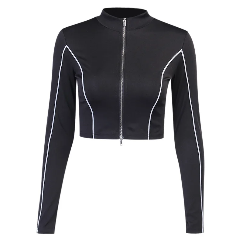 

Reflective Stitching Long-Sleeved Coat for Women 2021 Summer New Slim-Fit Slimming Double Zipper Stand Collar Short Top