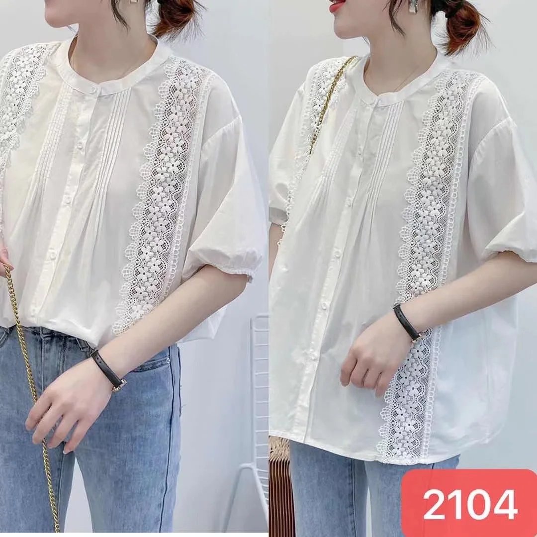 

Round neck bubble sleeve hook flower cut-out lace short top cardigan large women's embroidered top