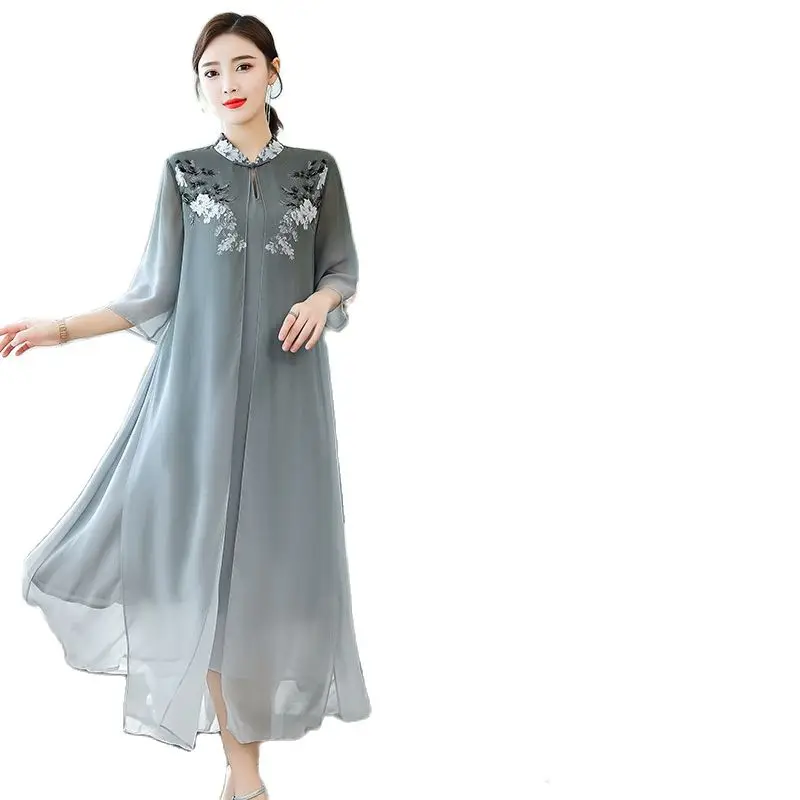 Шелковое платье 2021 Новинка лета ретро с принтом имитация двух частей серые