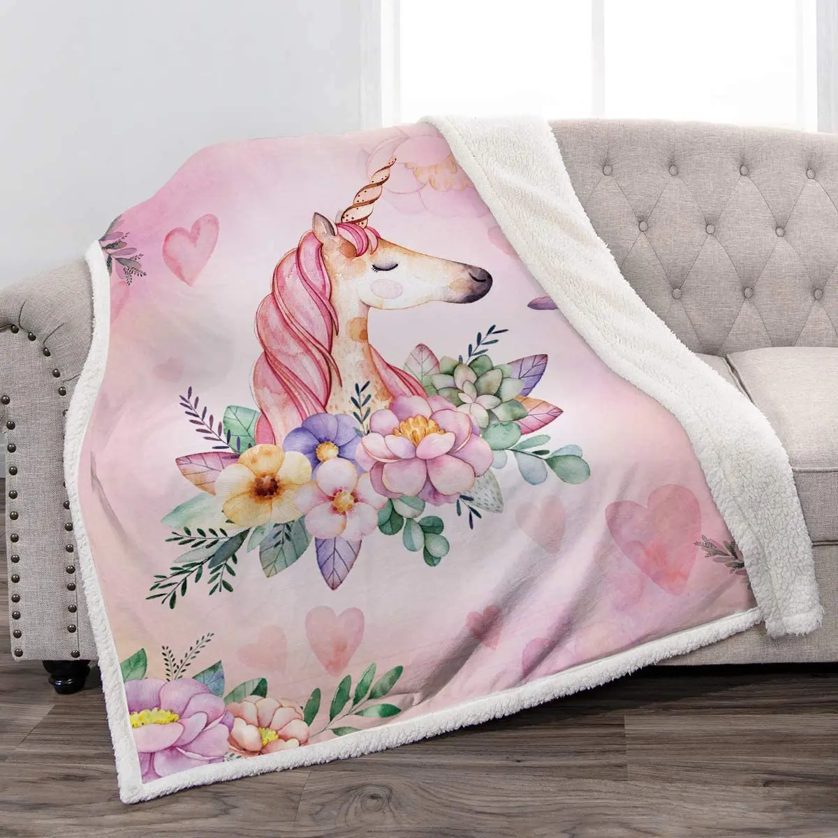 Jekeno Unicorn Sherpa Blanket Comfort Warm Cartoon Fleece Throw Blanket for Couch Bed Sofa Girl Gift Pink
