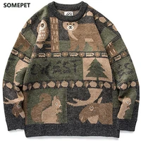 winter vintage sweater men new japanese cute bear couples knitted sweater pullover hip hop harajuku streetwear men clothing tops