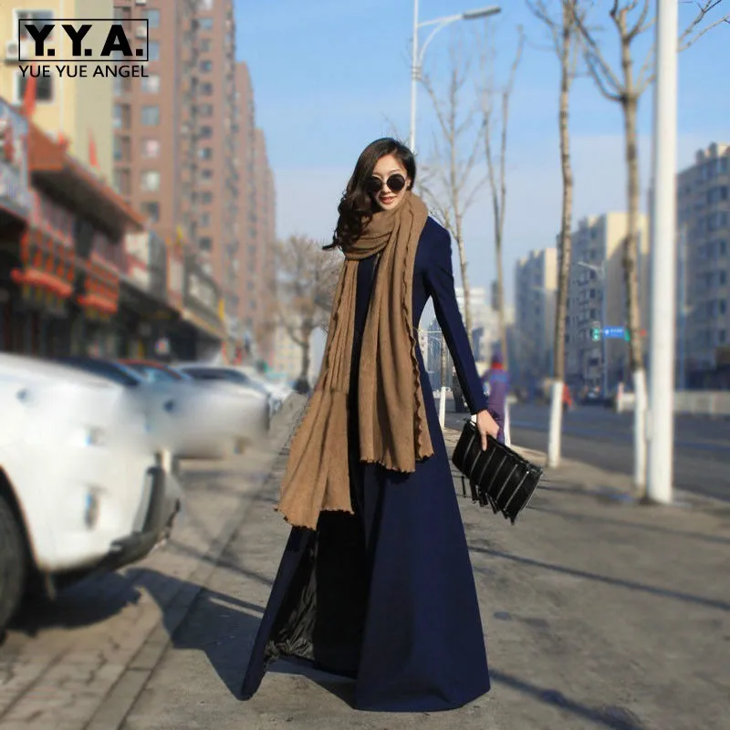 Winter Women Woolen Maxi Long Overcoat Streetwear Splice Zipper Office Ladies Outerwear Runway Wool Blends Coat Windbreaker | Женская