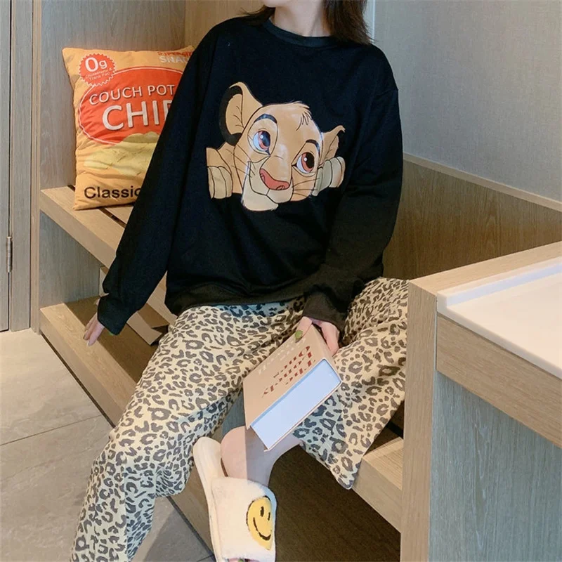 Disney The Lion King Printed Black White Pajamas Women Autumn and Spring Cute Simba Long Sleeve Leopard Pants Homewear 2 Pieces