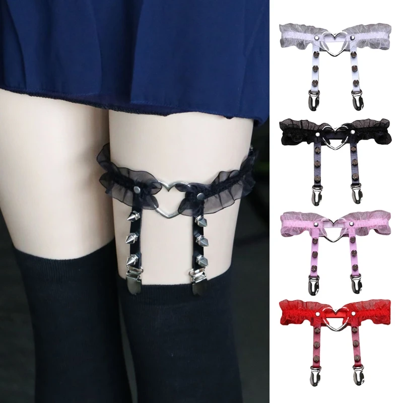

Women Sexy Lace Thigh Ring Garter Belt Gothic Punk Rock Harajuku Stud Heart-Shaped Elastic Leg Loop with Clips
