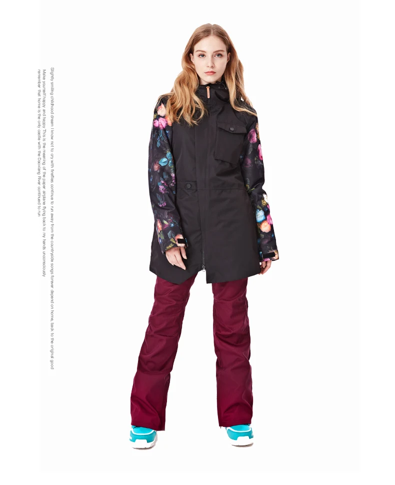 GSOU Снежная Женская лыжная куртка брюки Одежда для сноуборда брюки ветрозащитный водонепроницаемый Цветочный стиль зимний костюм комплект женское пальто