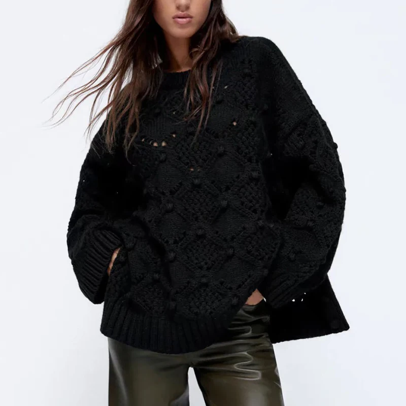 

WXWT Za Women Ball Ornament Cloak Black Knitted Sweaters Long Sleeve Jumpers Female Loose Pullover Tops Sueter Mujer BB4223