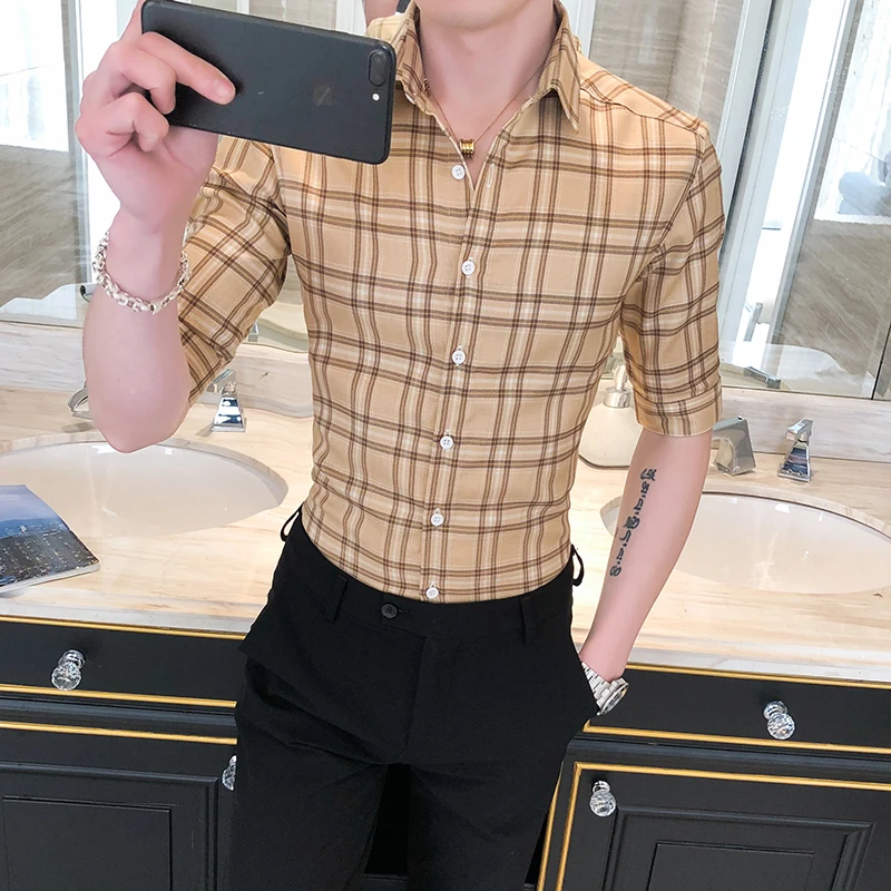 

British Style Summer Plaid Shirt Men Fashion 2020 Half Sleeve Men Office Shirts Slim Fit Casual Blouse Men Clothing All Match
