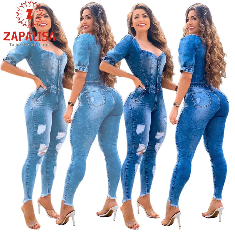 

Fashion Women Solid Color Jumpsuits Hollow Out Design Button Pockets Decor V-Neck Puff Sleeve Mid Waist Slim Hips Jumpsuits