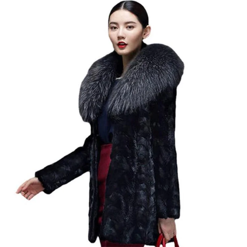 Imitation fur coat womens mink fur coat mid-length clothes raccoon fur collar autumn winter new style chaqueta mujer invierno