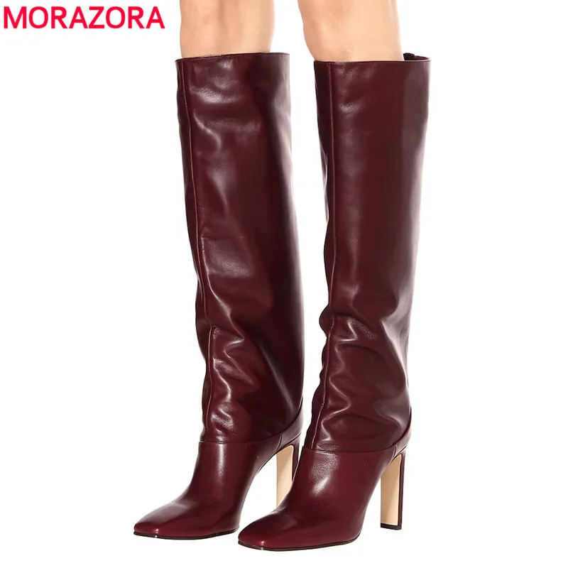 Женские сапоги с квадратным носком MORAZORA черные до колена на высоком каблуке