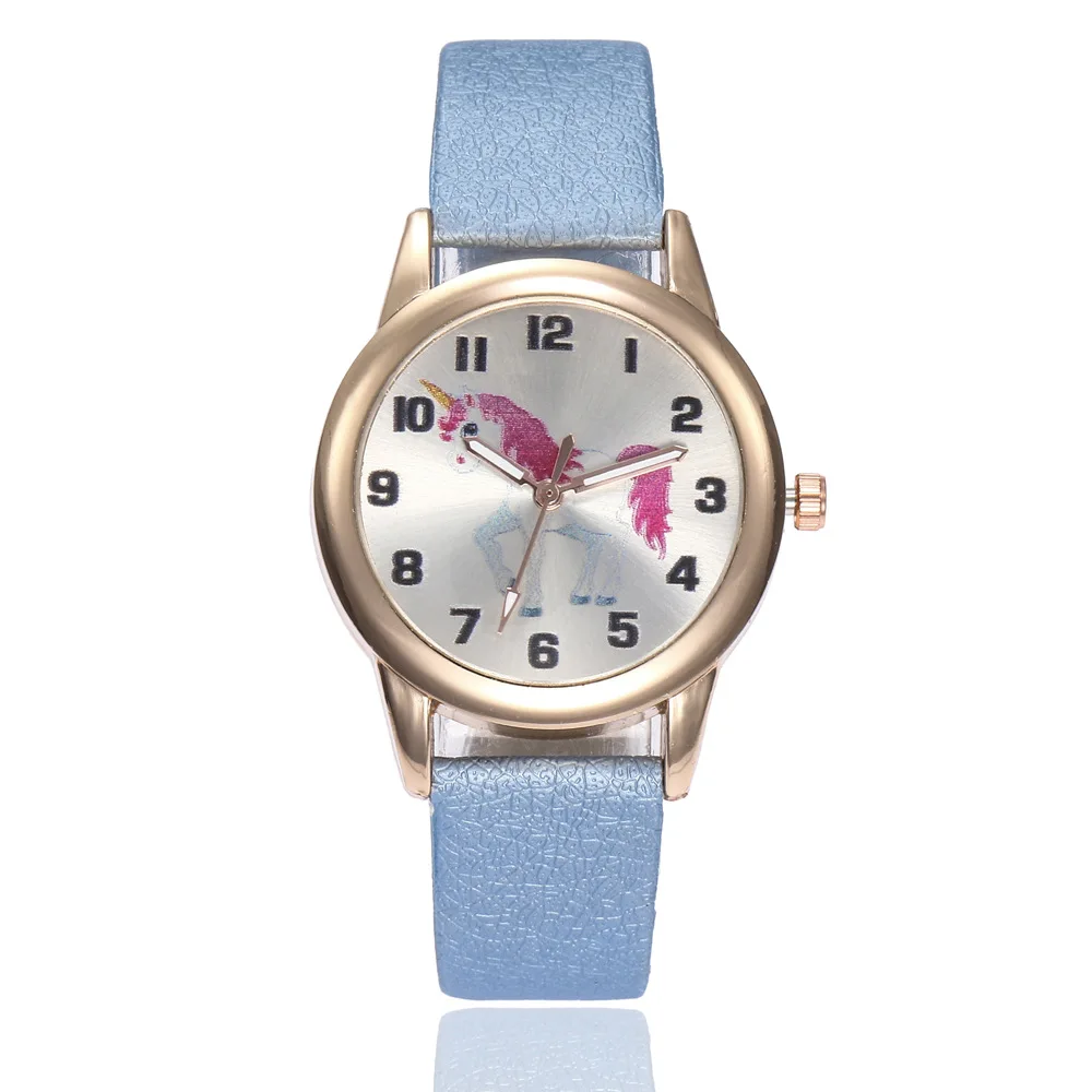 H592-Blue Детские модные часы с милым мультяшным единорогом, женские наручные часы с кожаным ремешком, классические цифровые часы для девочек и мальчиков, женские часы, Детские кварцевые часы - Цвет: H592-Blue