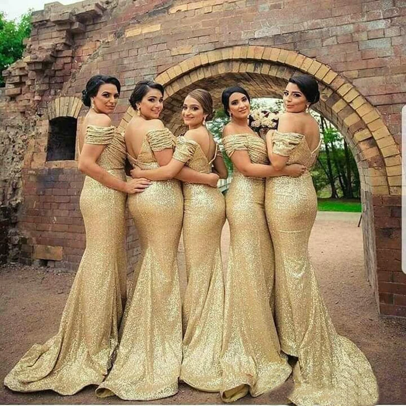 

New Gold Sequined Bridesmaid Dresses Off Shoulder Pleats Mermaid Long Maid Of Honor Dress Wedding Guest Party Gowns Plus Size