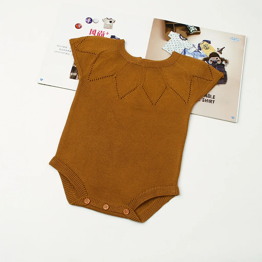 Детский однотонный вязаный шерстяной комбинезон с короткими рукавами и круглым