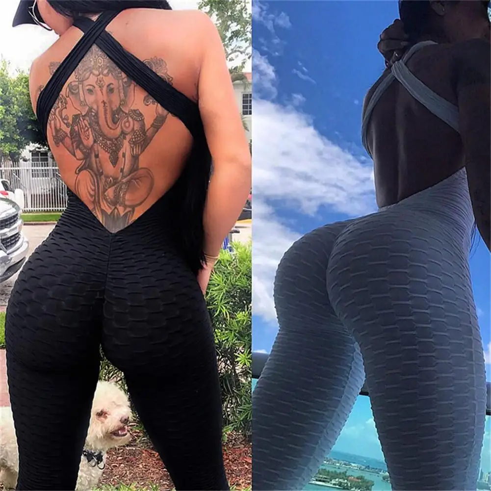 

Sexy Backless Yoga Fitness Pants Fashion Leggings Hip-flattering Running Jumpsuits For Women Sexy Bodycon Jumpsuit Workout