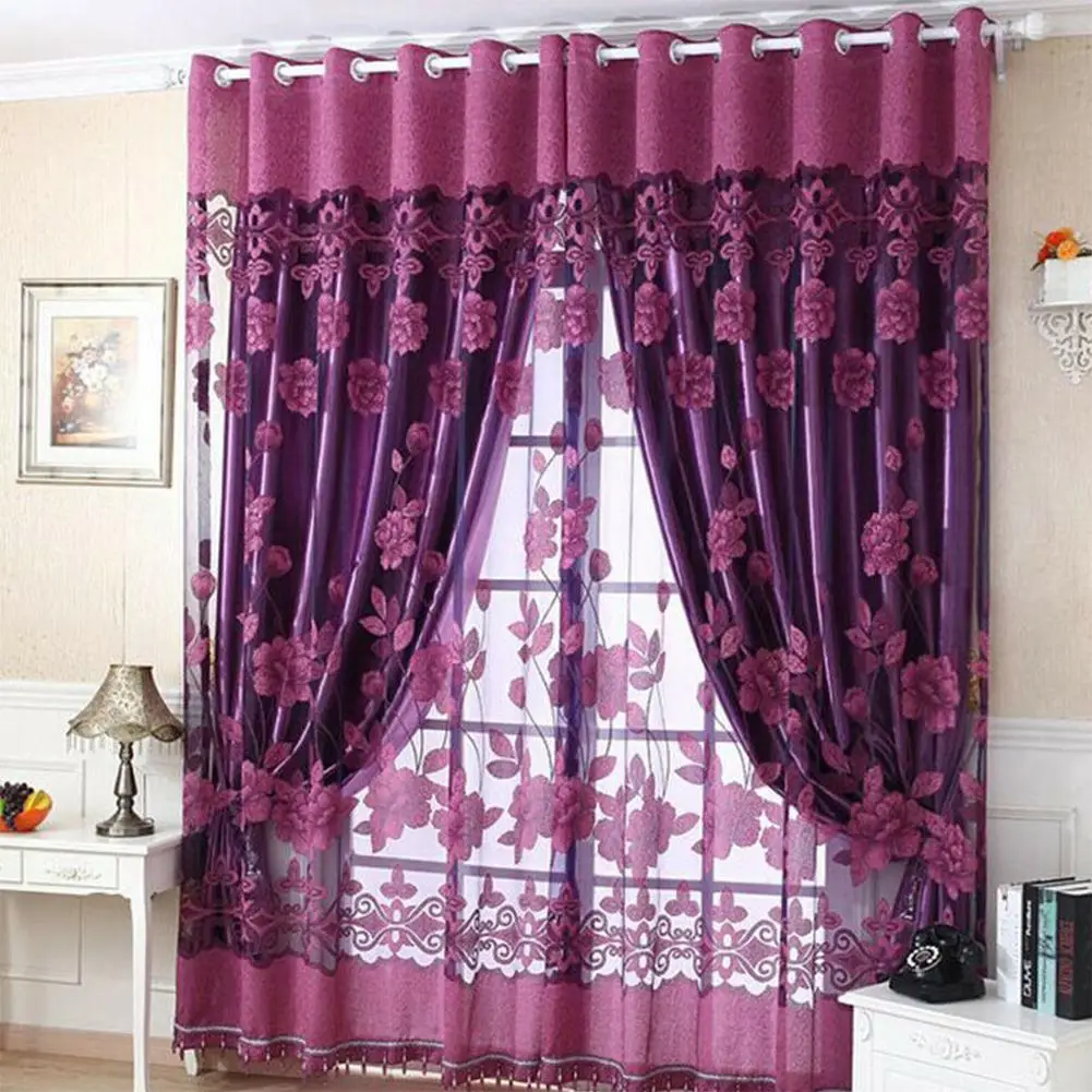 

1 pcs Window Curtain Luxurious Upscale Jacquard Yarn Curtains Peony Pattern Voile Door Window Curtains Living Room Bedroom Decor