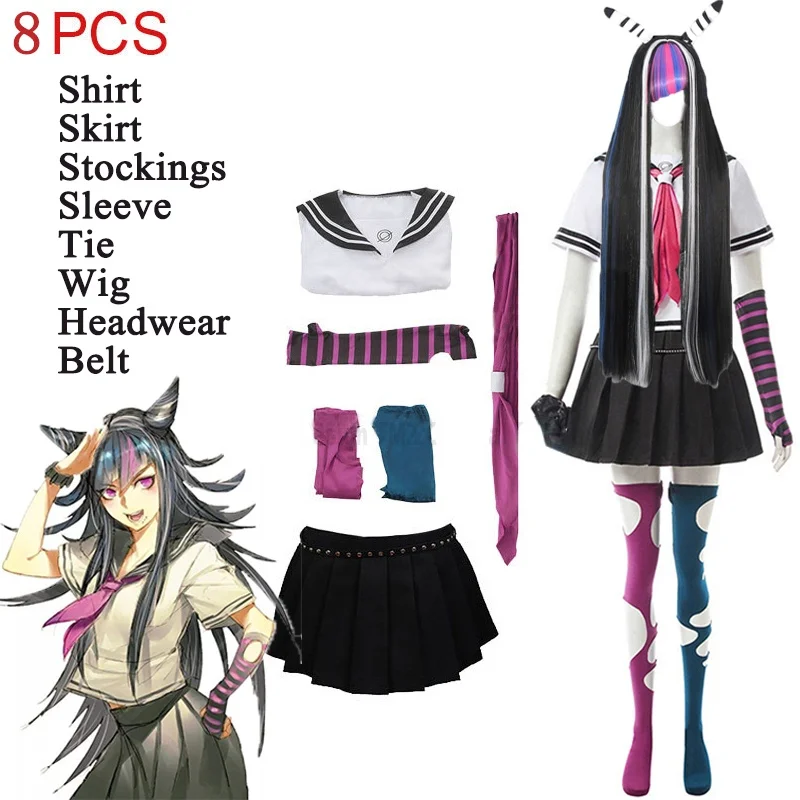 

Women 8PCS Ibuki Mioda Cosplay Custome Dangan Ronpa 2 Goodbye Despair Shirt Dress Wig School Girl JK Uniform Halloween