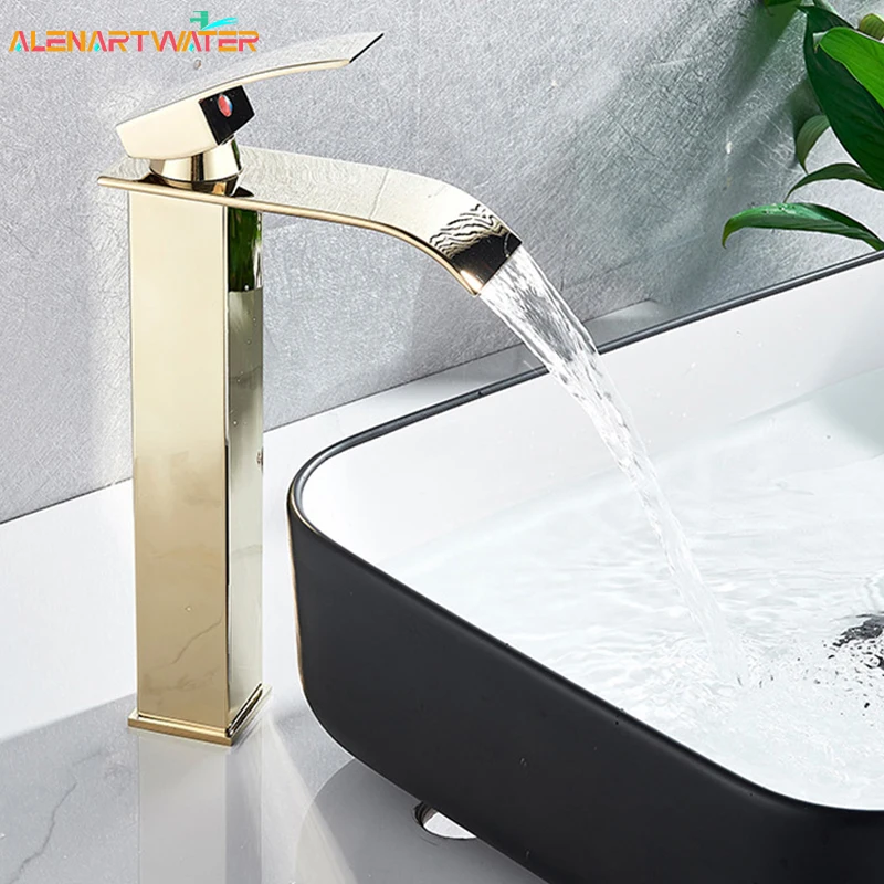 

Gold Waterfall Basin Faucet Wash Basin Chrome Bathroom Faucet Deck Mount Single Handle Hot And Cold Water Mixer Taps Sinks Crane