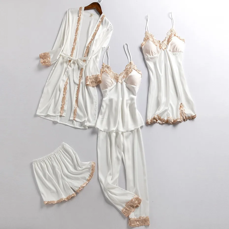 

5PCS PJS Set Women Outfits Satin Lace Pajamas Suit With Trousers V-Neck Sleepwear Sexy Casual Kimono Robe Gown Suit Loungewear