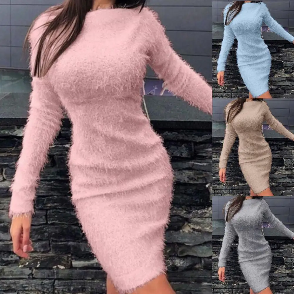 

Women Autumn Solid Color Long Sleeve Sweater Fluffy Kee-length Bodycon Dress European Style Fashion Women's Clothing