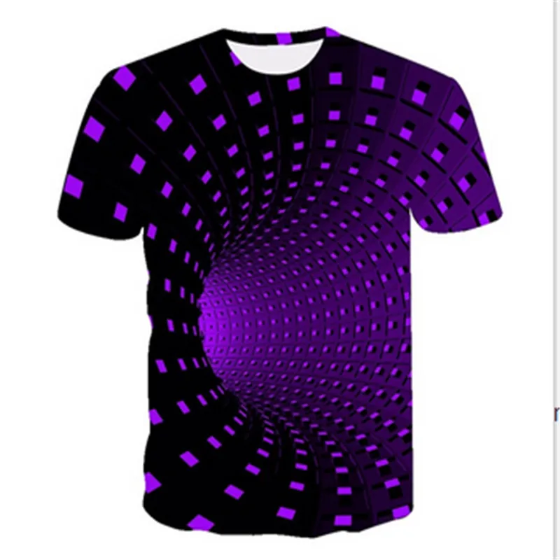 

3D color psychedelic printed T-shirt men summer hip-hop funny lattice tunnel printing T-shirt men and women tops
