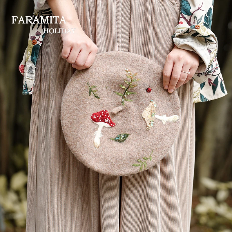 Faramita Holiday Mushroom Sequin Embroidery 100% Wool Forest Women Manual Berets Leaves Painter Hats Kids Handmade Beret Hat