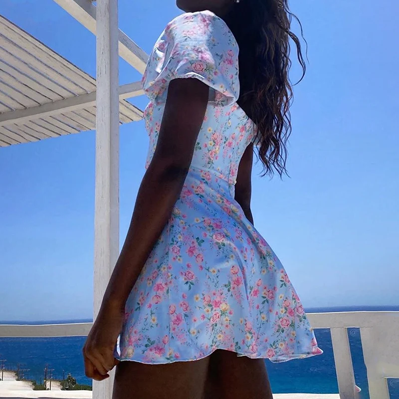 

2021Elegant Fashion Women Slim Fit Floral Bodycon Mini Dress Female Off Shoulder Ruched Puff SLeeve Party Dress