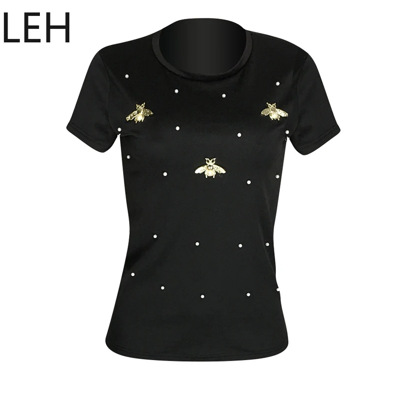 LEH женская футболка с коротким рукавом летняя жемчугом и бусинами Женская