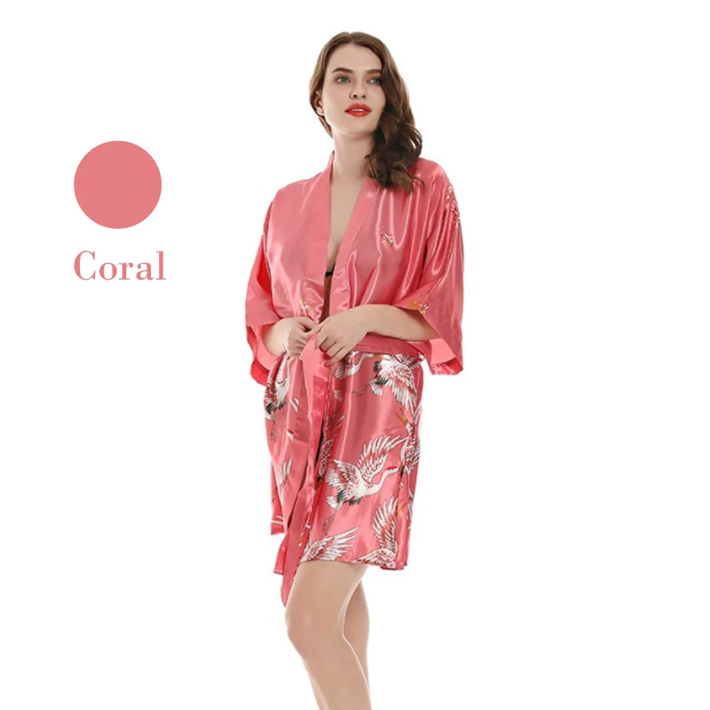 Японский стиль Короткие свободные атласные Павлин Женская юката платье пижамы