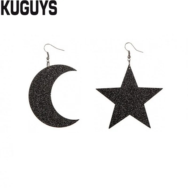

KUGUYS New Asymmetrical Star Moon Drop Earrings for Women Black Glitter Acrylic Large Earring Fashion Jewelry Trendy Accessories