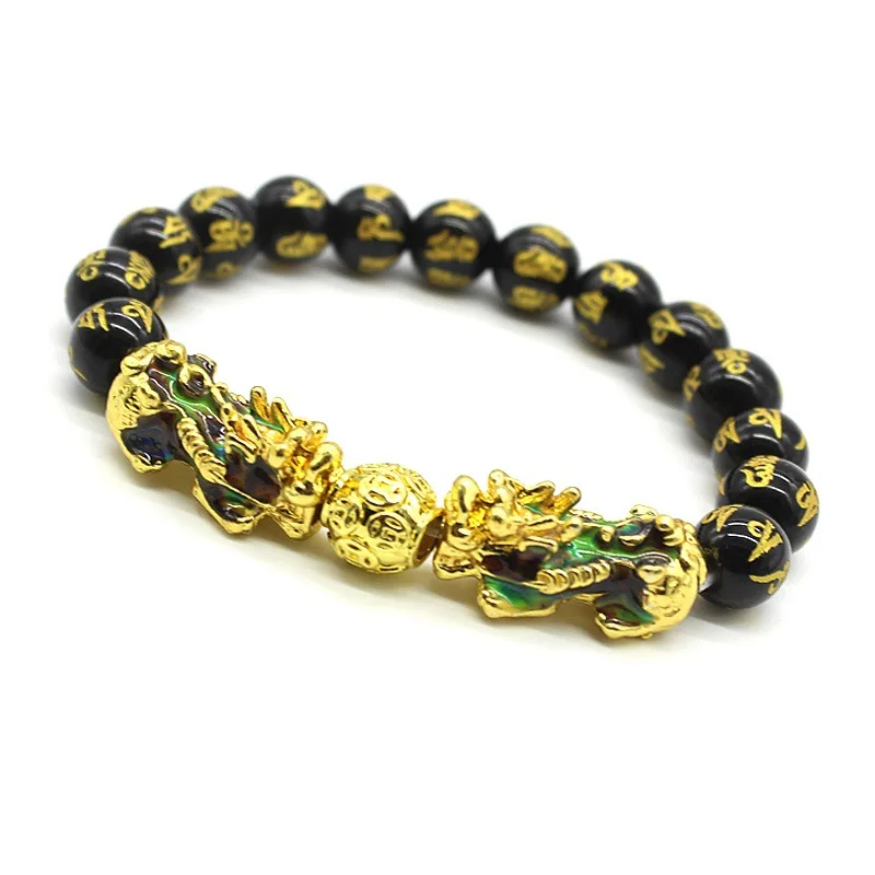 Натуральный камень черный обсидиан Pixiu браслет с тигровым глазом двойной Лаки