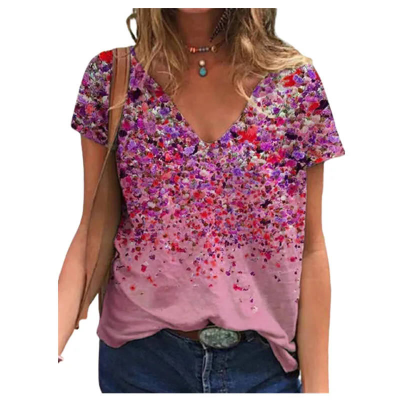 

Women Clothing 2021 New Summer Oversized Tops 5XL Casual Short Sleeve V-Neck Loose Floral Print T Shirt Plus Size Ladies Tee Top