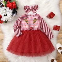 toddler baby girls christmas santa striped print tulle dress headband princess red mesh party dress children xmas dress
