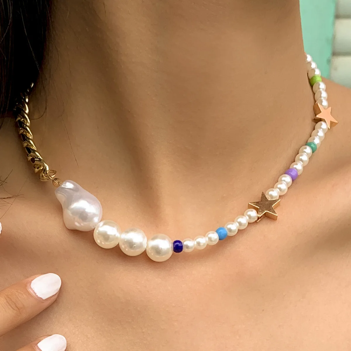 

Fashion Bohemian Baroque Imitation Pearl Beaded Necklace Women's Star Necklace Jewelry Gift Wholesale 2021 New