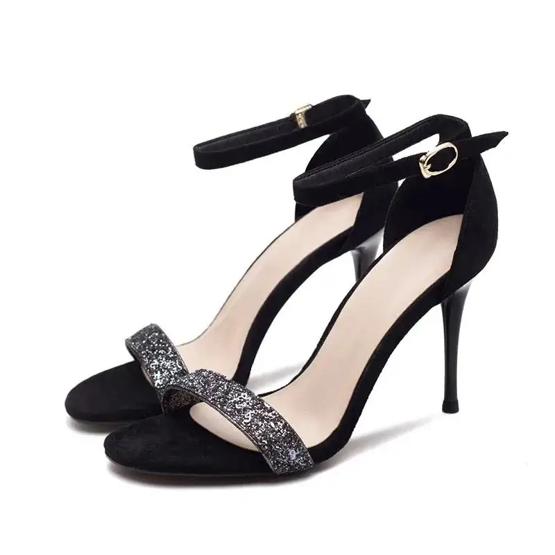 

Женские милые черные замшевые высококачественные легкие туфли на шпильках с ремешком и пряжкой с блестками женские модные милые туфли F9071
