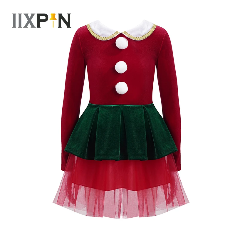 

Kids Girls Christmas Costume Princess Dresses Long Sleeves Pompoms Adorned Velvet Mesh Tutu Dress Ballet Dance Performance Dress
