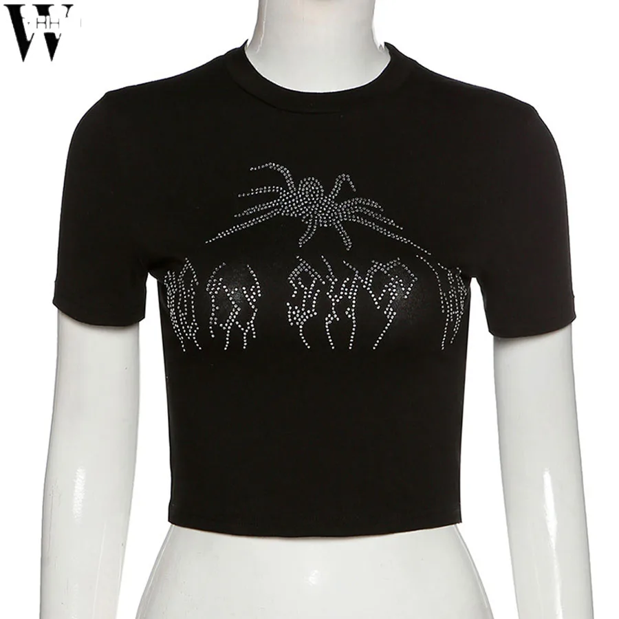 

WYHHCJ 2021 Fashion Trend Women Short Sleeve O Neck Shining spider T-shirt Spring/Summer New Slim Lady Undershirt Crop Tops Tees