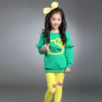 ST021-Green HELLO KITTY Комплекты одежды для девочек весна хлопок милый костюм для рубашка для девочек+ штаны комплект одежды для детей высококачественная одежда комплект - Цвет: ST021-Green
