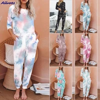 womens pajamas set winter tie dye printing long sleeved pants fission household outside household sleepwear female leisurewear