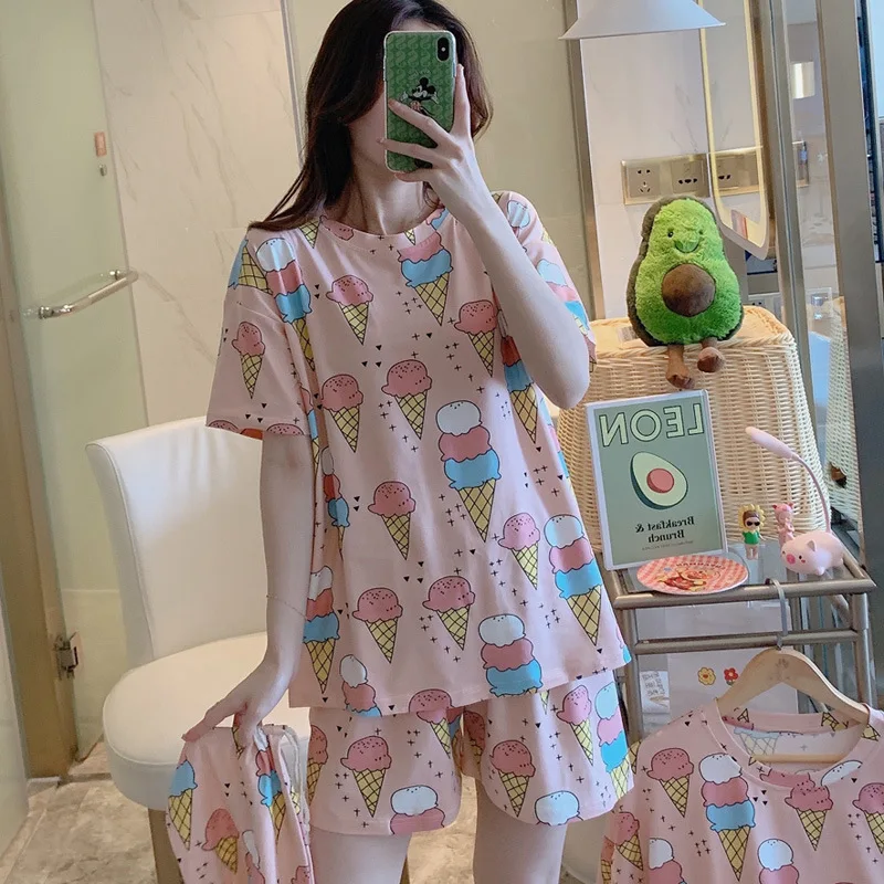 

Young Lady 2PCS Summer Casual Top&Shorts Pajamas Suit Cute Ice Cream Print Sleepwear With Cloth Bag Milk Fiber Nightwear