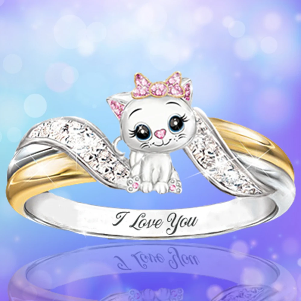 

Fashion Cute Cat Rhinestone Rings Exquisite Women's Cartoon Pink Bow Cat Rings Lovely Girls Accessories Princess Birthday Gifts