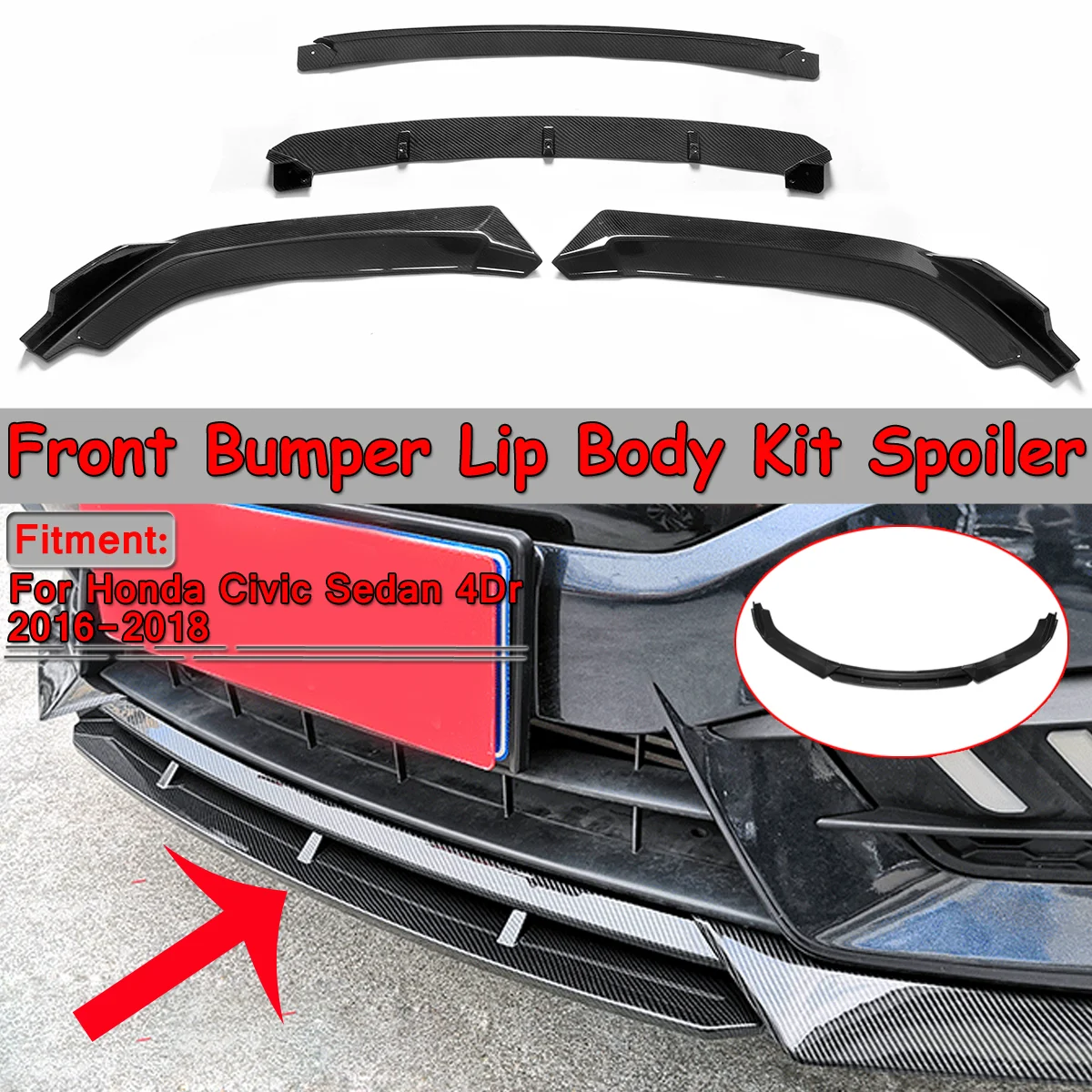 Difusor de labios de parachoques delantero, kit de carrocería, alerón, parachoques, protector de fibra de carbono de fácil instalación para coche Honda Civic Sedan 4Dr, 2016-2018