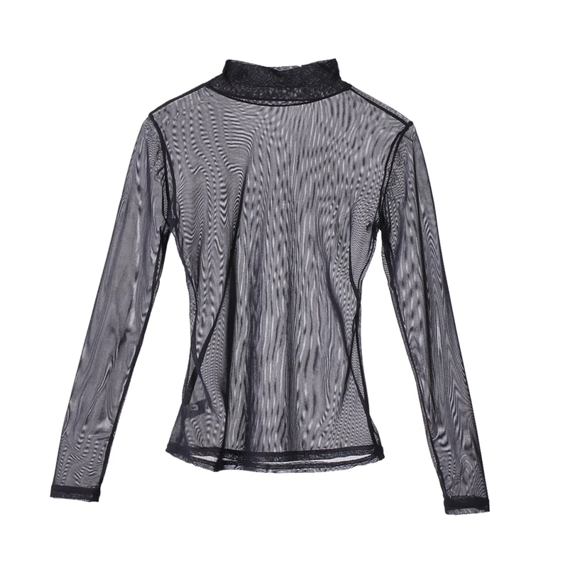 

Women Sheer Mesh Fish Net Blouse Ladies Slim Long Sleeve Turtleneck See-Through Mesh Top Hot Sale Black Pink sexy Club shirts