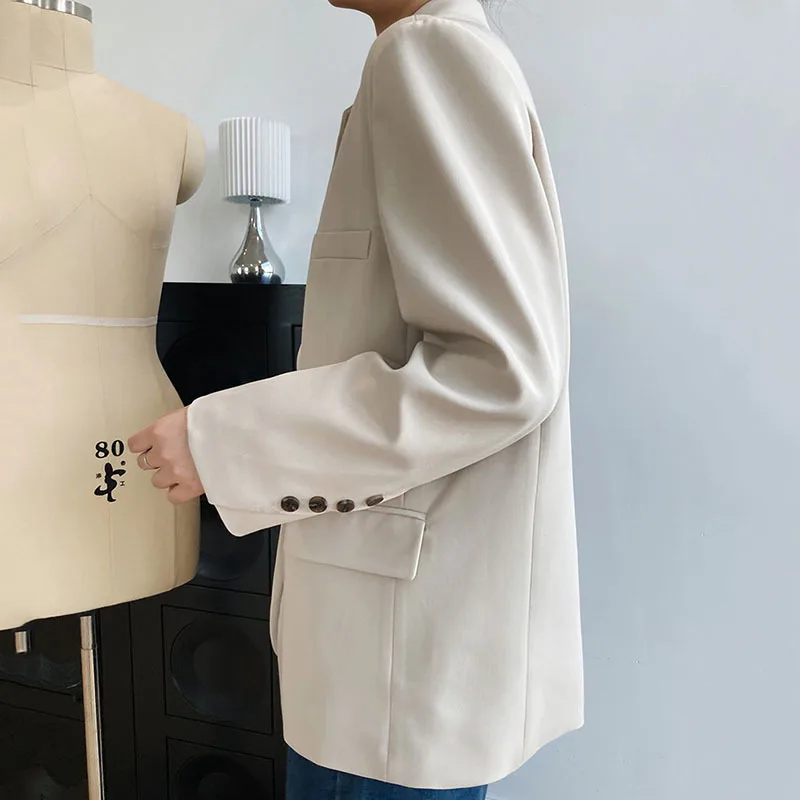 

SHENGPALAE Fashion Temperament Black Blazer Women's Autumn 2021 New Notched Loose Single Breasted Long Sleeve Suit Jacket 5E2732