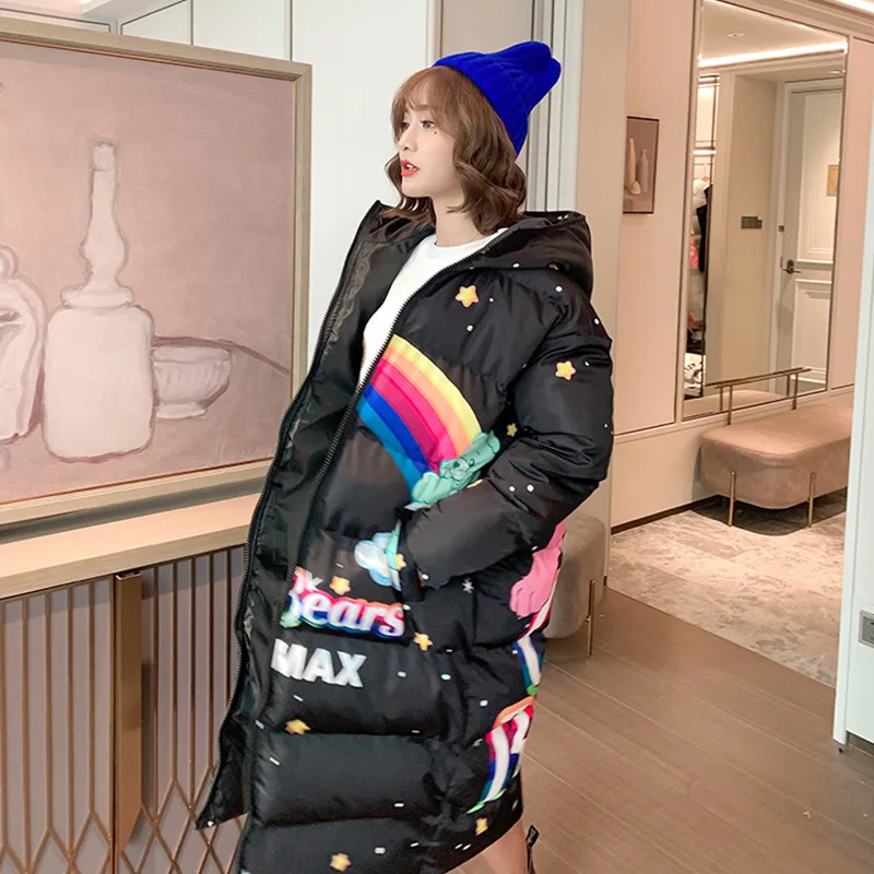 Зимняя мода 2020 длинные пальто с капюшоном мультяшным принтом женские толстые