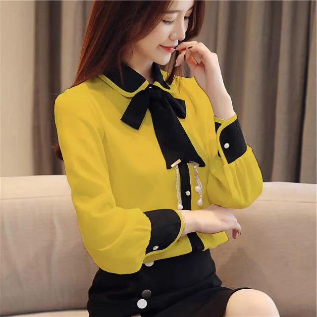 

Spring Fall Office Ladies Womens Long Sleeve Patchwork Yellow Chiffon Blouse Top Shirt , 3xl Bow Tops and Blouses for Women
