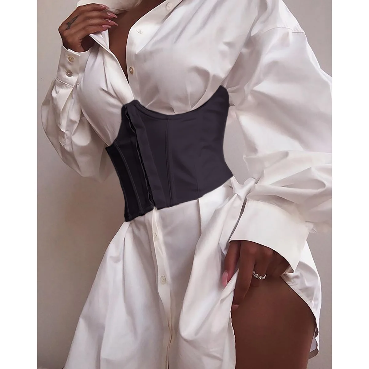 

2021 Women's Corset Waist Belt Solid Color Black White Sexy Wide Elastic Tie Bodycon Waspie Belt
