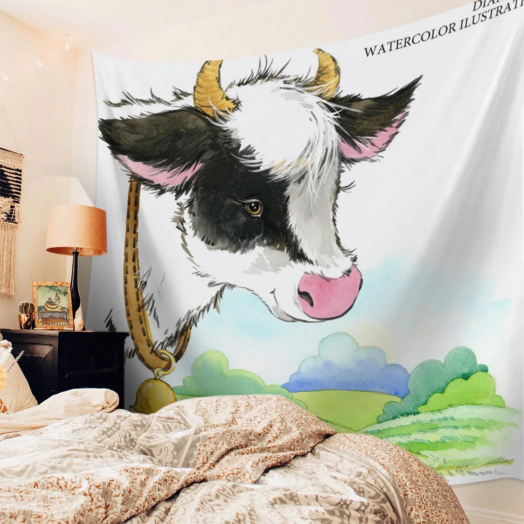 Современный настенный гобелен на стену с рисунком коровы акварелью украшение